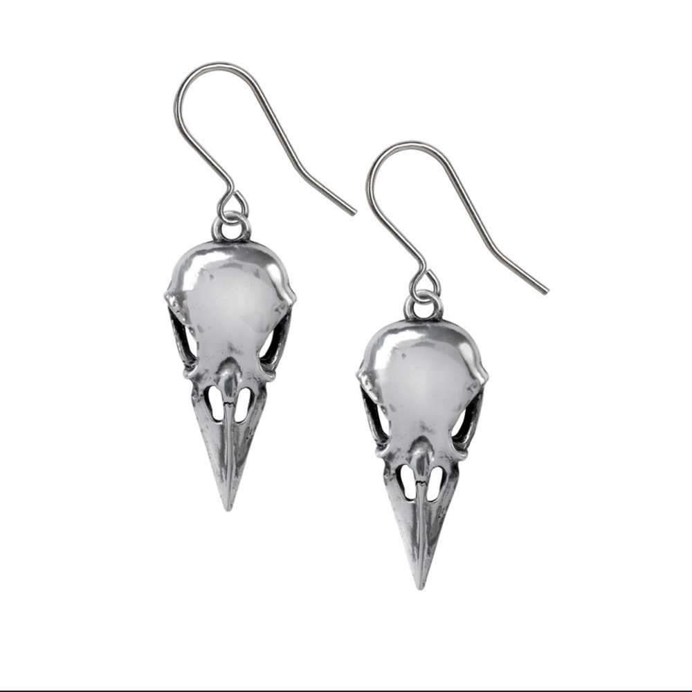 Alchemy Gothic Coeur Crane Raven Skull Earrings Pewter and Stainless Steel NWT